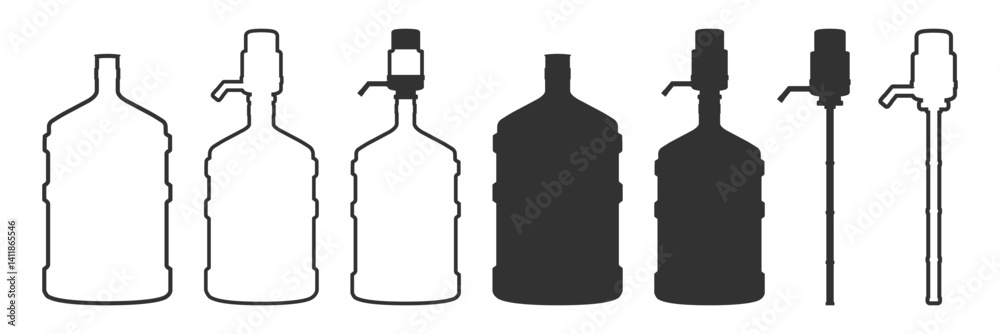 Water gallon icon set isolated on transparent. Big plastic bottle with handle. Water delivery container for home and office cooler. Water gallon icon set isolated on transparent. Big plastic bottle with handle. Water delivery container for home and office cooler.