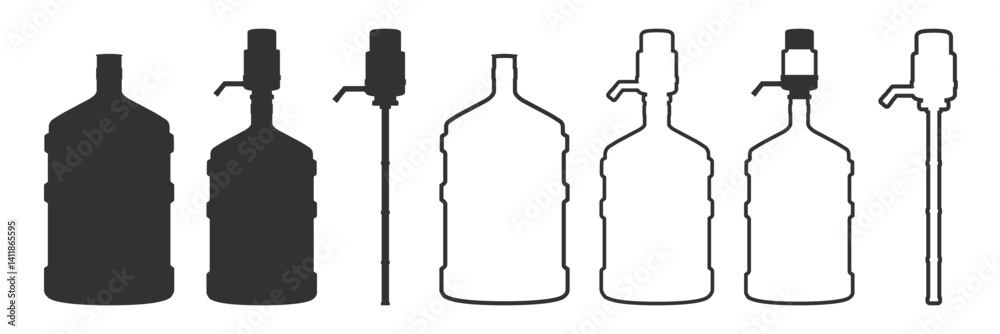 Water gallon icon set isolated on transparent. Big plastic bottle with handle. Water delivery container for home and office cooler. Water gallon icon set isolated on transparent. Big plastic bottle with handle. Water delivery container for home and office cooler.