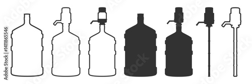 Water gallon icon set isolated on transparent. Big plastic bottle with handle. Water delivery container for home and office cooler.
