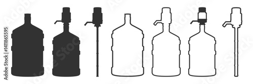 Water gallon icon set isolated on transparent. Big plastic bottle with handle. Water delivery container for home and office cooler.