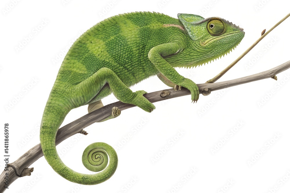 Obraz premium Green Chameleon on Branch with Curled Tail on White Background