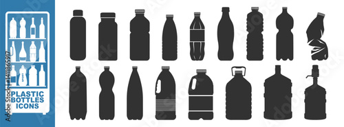 Plastic bottle black icon set isolated on transporent. Water bottle flat line style set. Pet bottle plastic. Small and large bottles for water, milk and other drinks