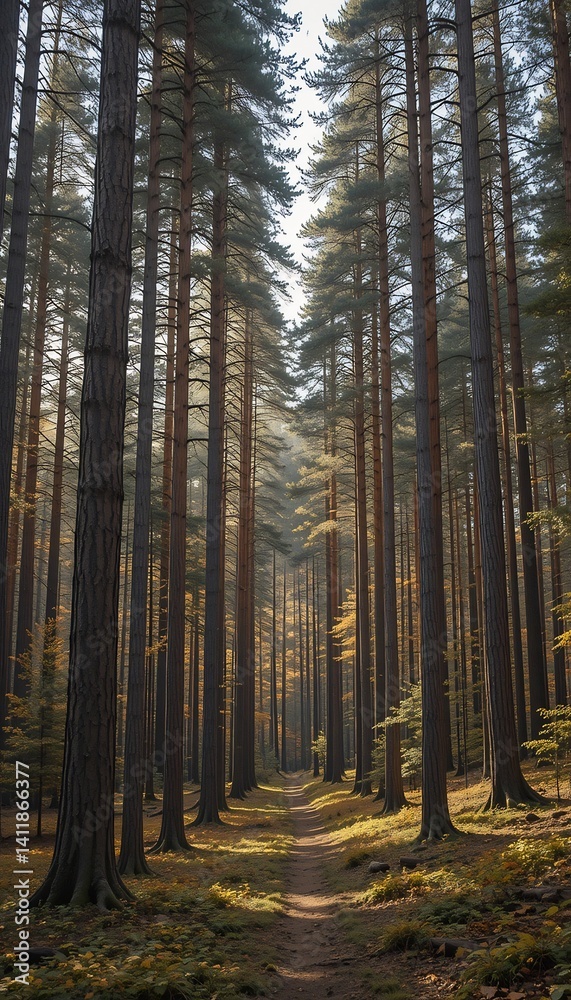 Serene sunlit path winds gently through tall dark pine forest. AI Generated Serene sunlit path winds gently through tall dark pine forest. AI Generated