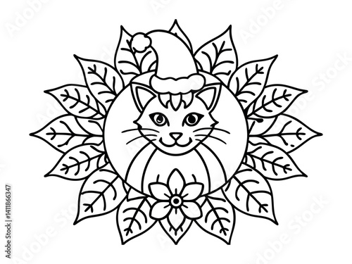 Zentangle cat mandala coloring page for adults christmas cat and floral animal coloring book, isolated on white background, antistress coloring page,e vector illustration