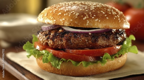 Juicy grilled hamburger patty nestled in a toasted sesame seed bun, lettuce, tomato, onion - no tasty lettuce