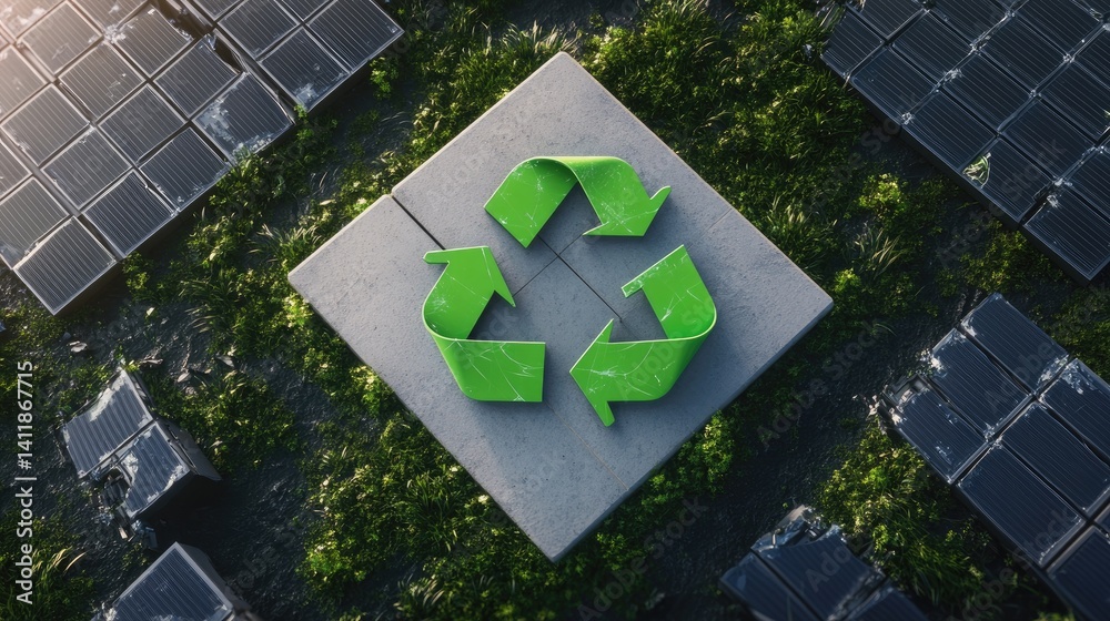 Green Recycle Symbol Surrounded by Solar Panels and Grass Landscape