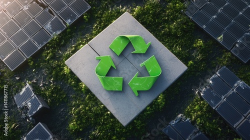 Obraz na płótnie Green Recycle Symbol Surrounded by Solar Panels and Grass Landscape w salonie