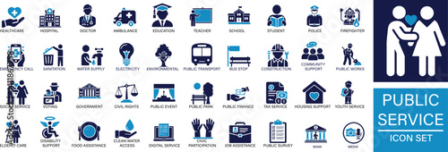 public service icon set with community support, government, services, safety, emergency, help, civic, duty, social, care, and public administration vector symbols.