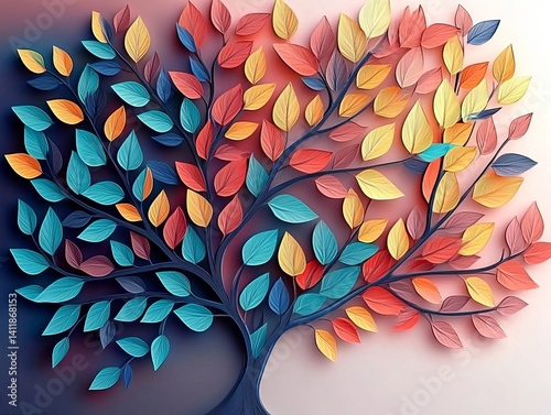 A vibrant tree of life blooms in the digital realm, its branches adorned with colorful leaves in a 3D style, illustrating nature's beauty in a modern style.