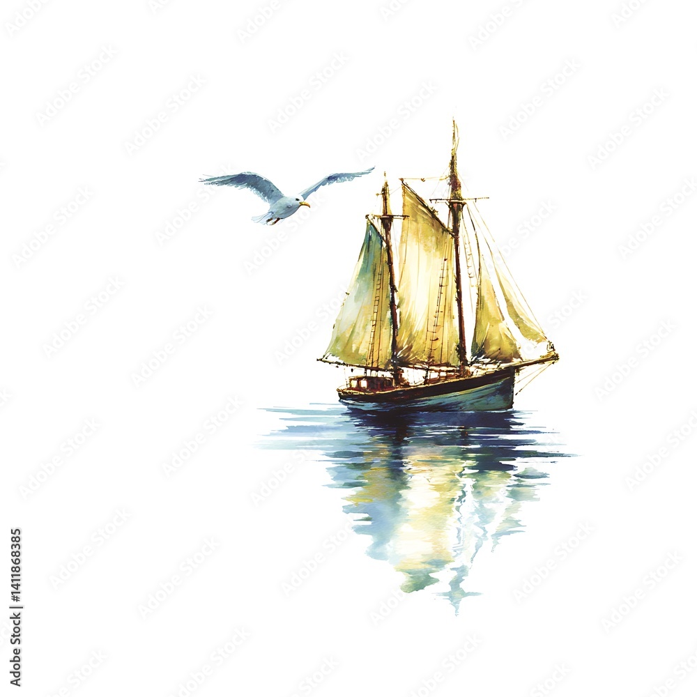 Obraz premium A Sailing Ship at Sea with a Seagull in Watercolor Style. A picturesque painting of a sailboat on calm waters, with a seagull in flight.