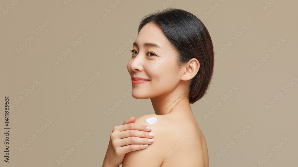 Woman applying skincare product on her shoulder in a neutral-colored setting during daytime.