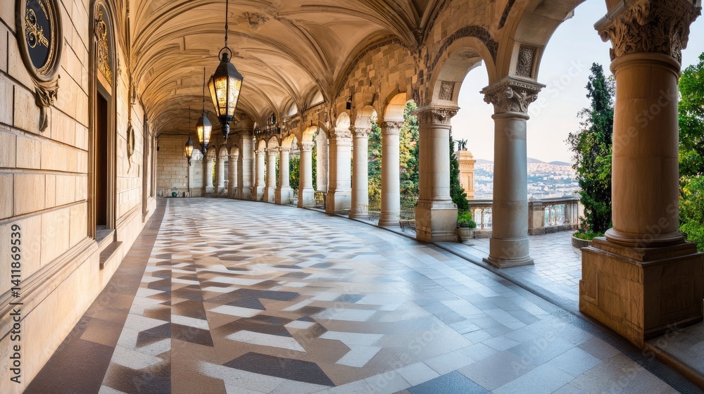 Architectural Elegance of a Historical Arcade with Beautiful Columns