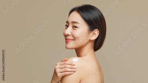 Obraz na płótnie Woman applying skincare product on her shoulder in a neutral-colored setting during daytime. w salonie