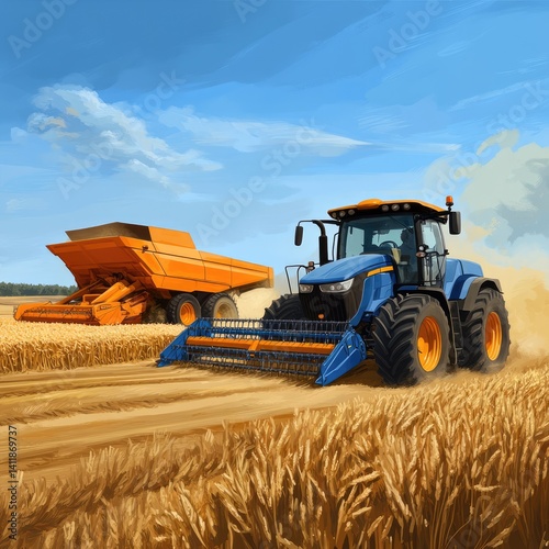 tractors harvest a golden wheat field under a clear blue sky, showcasing agricultural efficiency and labor