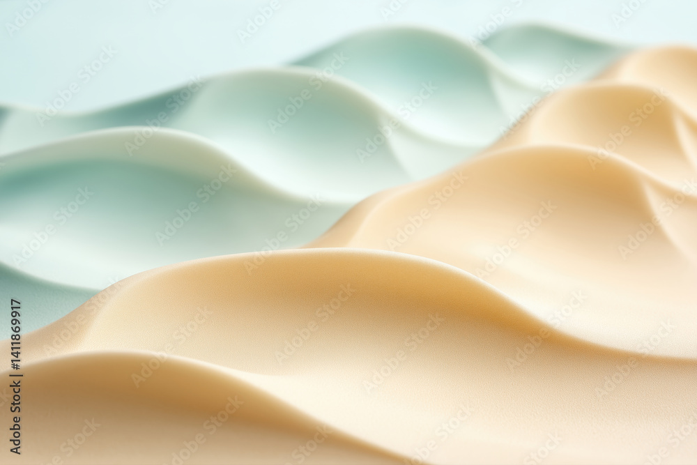 Obraz premium Abstract summer beach background, soft focus sand patterns with gentle waves, pastel blue gradient. 