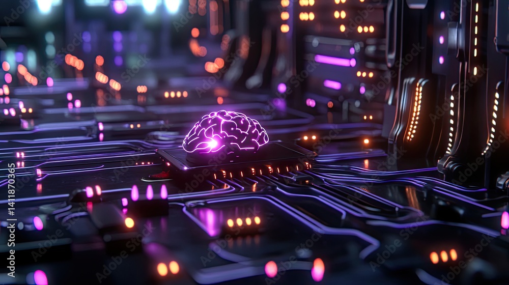 Futuristic Brain Interface with Neon Lights and Circuit Pathways