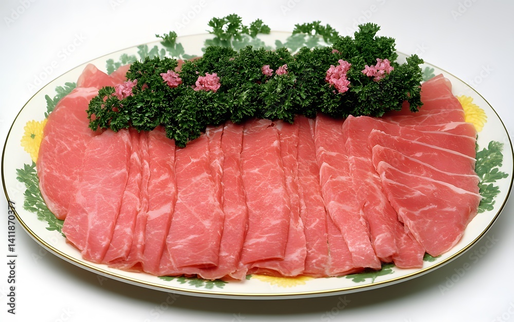 Thinly Sliced Raw Beef on Plate with Parsley Garnish Thinly Sliced Raw Beef on Plate with Parsley Garnish