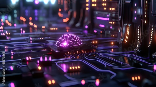 Obraz na płótnie Futuristic Brain Interface with Neon Lights and Circuit Pathways w salonie