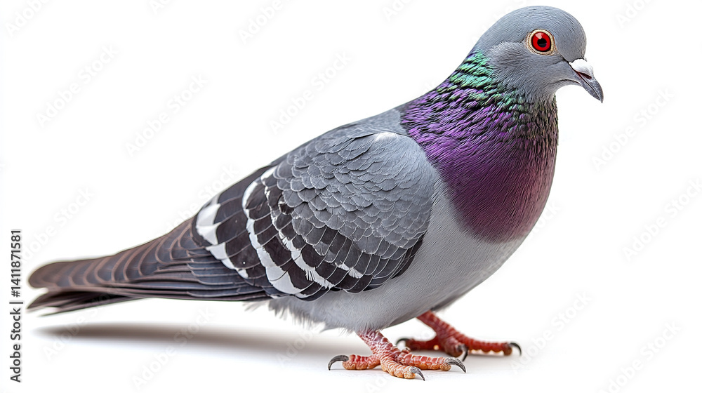 pigeon with iridescent feathers stands on white background pigeon with iridescent feathers stands on white background
