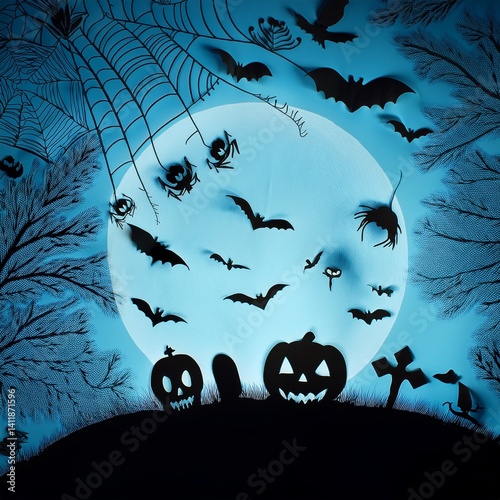 Halloween silhouette Background, Halloween pattern and ornaments, blue color nuance
