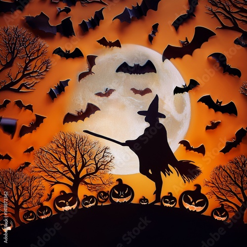 Halloween silhouette Background, Halloween pattern and ornaments, orange color nuance