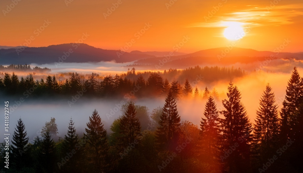 Misty and fogging landscape of forest, fiery orange sunrise Misty and fogging landscape of forest, fiery orange sunrise