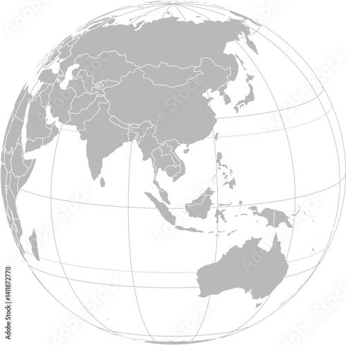 World vector map with country boundaries and graticules (Southeast Asia-centered view, orthographic projection, PPT-compatible & fully editable)
