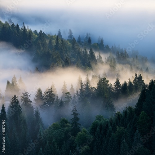 Misty and fogging landscape of forest