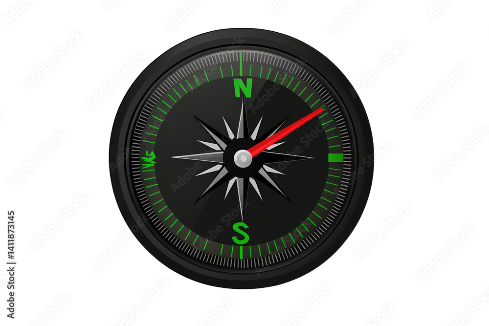 A black compass with green numbers and a red needle pointing to the right, vector illustration on a transparent background A black compass with green numbers and a red needle pointing to the right, vector illustration on a transparent background