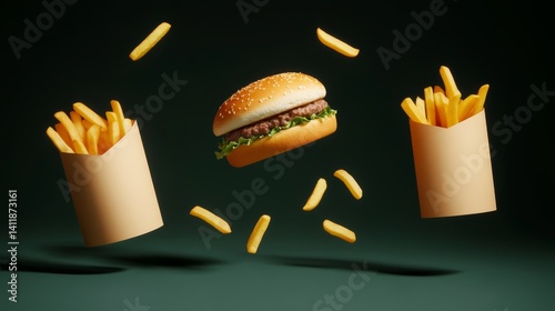 Obraz na płótnie Delicious floating burger with crispy fries in a dark background creating a modern fast food aesthetic w salonie