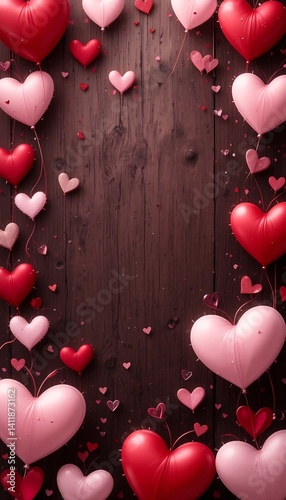 Romantic pink red heart balloons softly illuminate dark wood background. AI Generated
