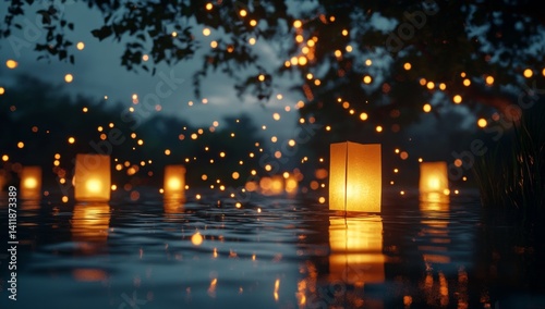 Floating lanterns on a tranquil water's edge at night, illuminated by soft light.  Peaceful, glowing ambiance photo