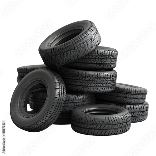 Pile of tires isolated on a white background, full ultra HD  resolution. A stack of black rubber tires with deep treads and visible branding, arranged in a slightly disorganized yet natural pile.