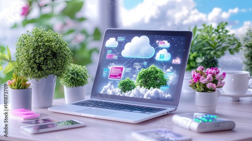 Obraz na płótnie Modern Laptop Displaying Cloud Computing Concepts with Plants w salonie