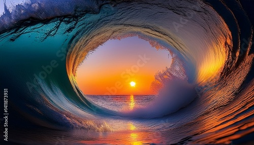 Sea water ocean wave so big in circle, sunset in the middle of the circle