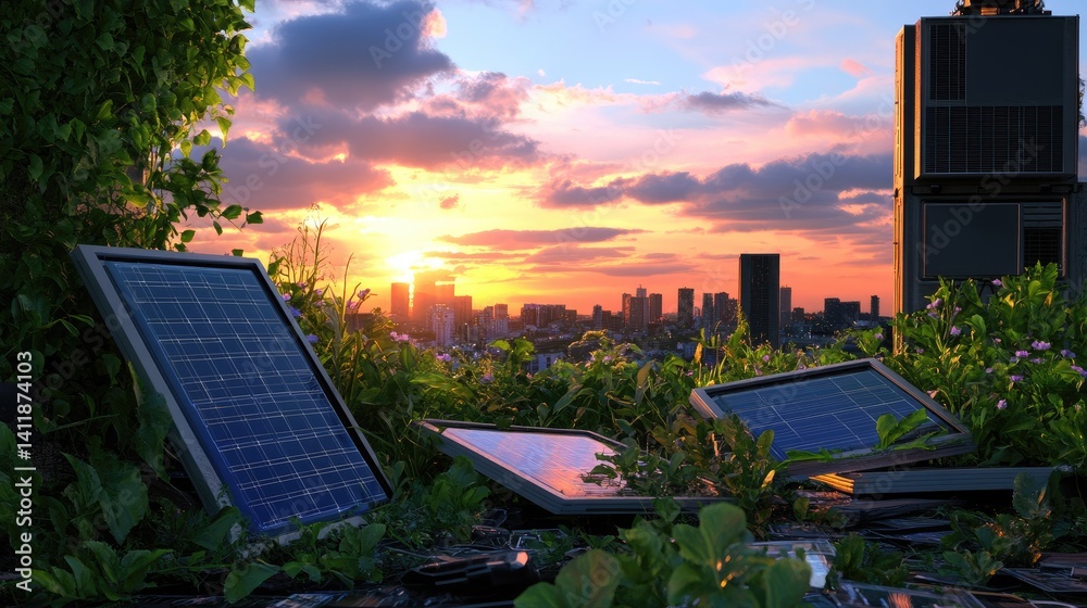 Urban Sunset with Solar Panels Surrounded by Lush Greenery and Nature