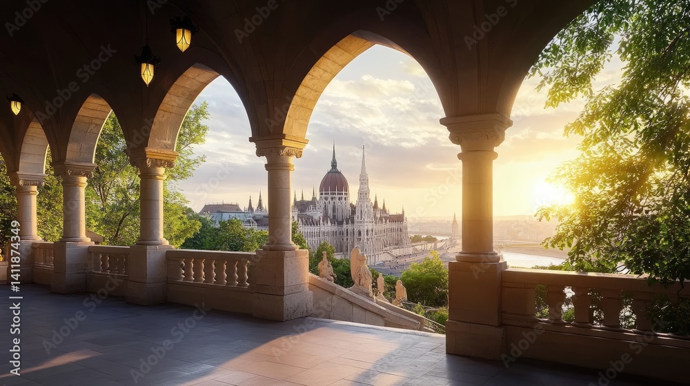 Scenic View from an Arch at Fisherman's Bastion in Budapest, Hungary