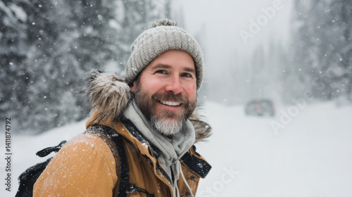 Man in winter clothes smiling in snowy landscape
