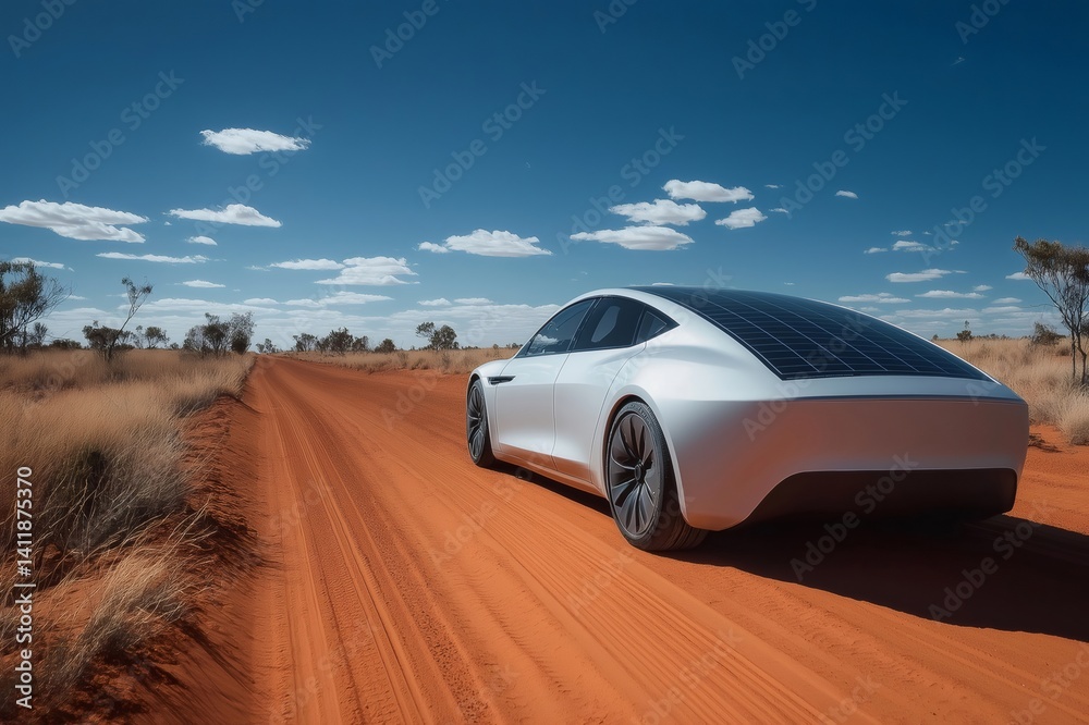 Fototapeta premium Silver electric vehicle driving on a dirt road across the Australian outback, featuring solar panels on its roof