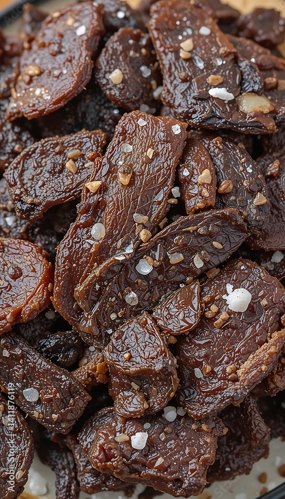 Obraz premium Dark savory jerky boasts rich brown tones subtly sprinkled with salt. AI Generated