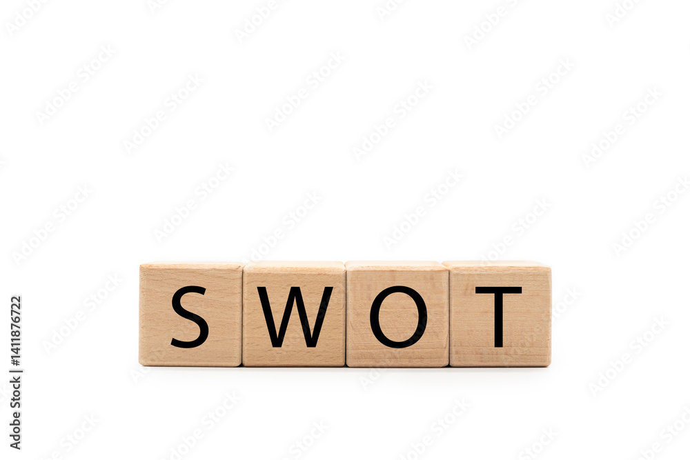 Wooden blocks with SWOT text isolated on white background. wooden cubes SWOT with copy space and clipping path. SWOT analysis for Business concept.