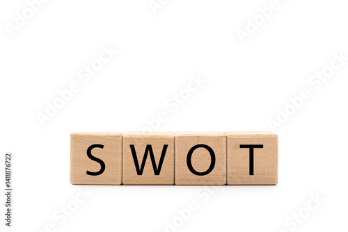 Obraz na płótnie Wooden blocks with SWOT text isolated on white background. wooden cubes SWOT with copy space and clipping path. SWOT analysis for Business concept. w salonie