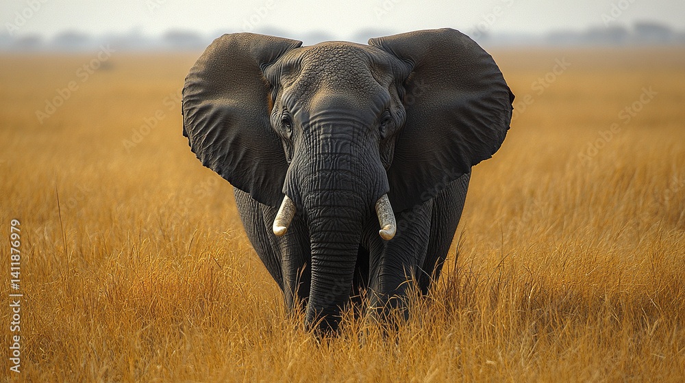 Naklejka premium Majestic elephant standing in golden savanna, exuding strength