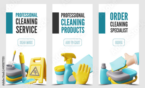 Professional cleaning service, products and specialist online order advertising 3D design vector set, cleaning equipment
