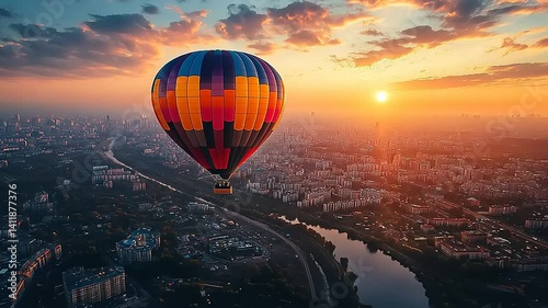 Colorful hot air balloon soaring over city at sunset
