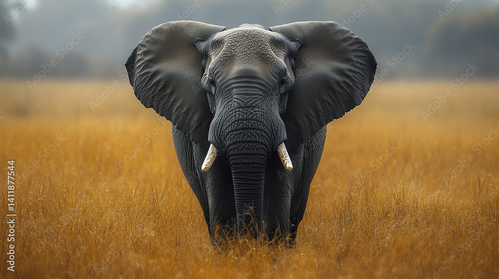 Naklejka premium Majestic African elephant standing in golden grassland, calm and powerful