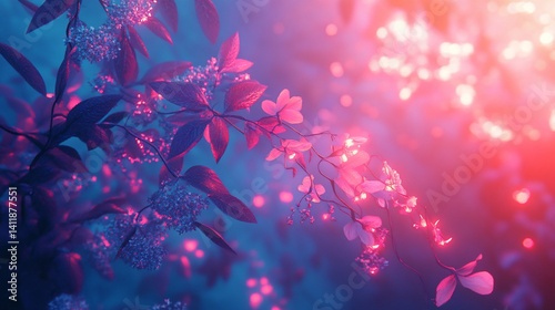 Botanical dreamscape, Flowers and foliage in glowing pink and blue hues