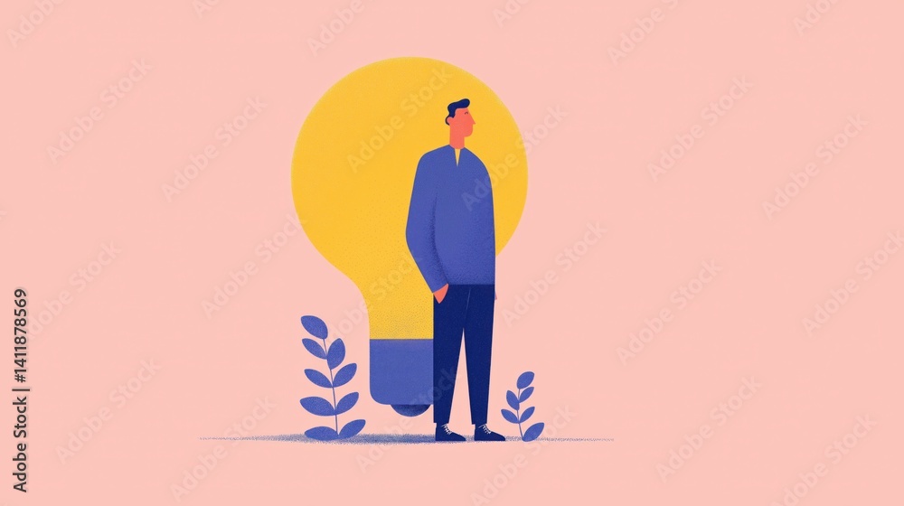 Creative thinker stands confidently with bright light bulb symbolizing ideas in a minimalistic design.