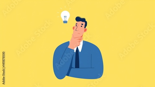 Man in formal attire thinking with a light bulb above his head against a yellow background, cartoon illustration.