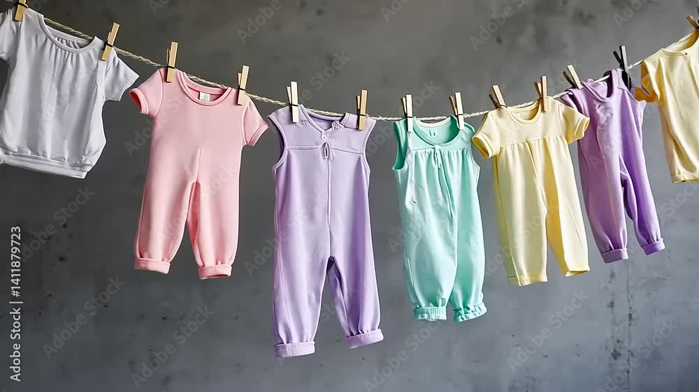 Colorful baby clothes hanging on a line against a textured wall, showcasing a cheerful laundry scene